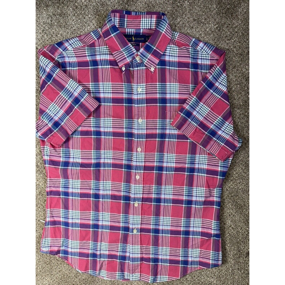 Polo Ralph Lauren Mens Large Slim Fit Short Sleeve Plaid‎ Button Up Shirt Cotton - Picture 2 of 8